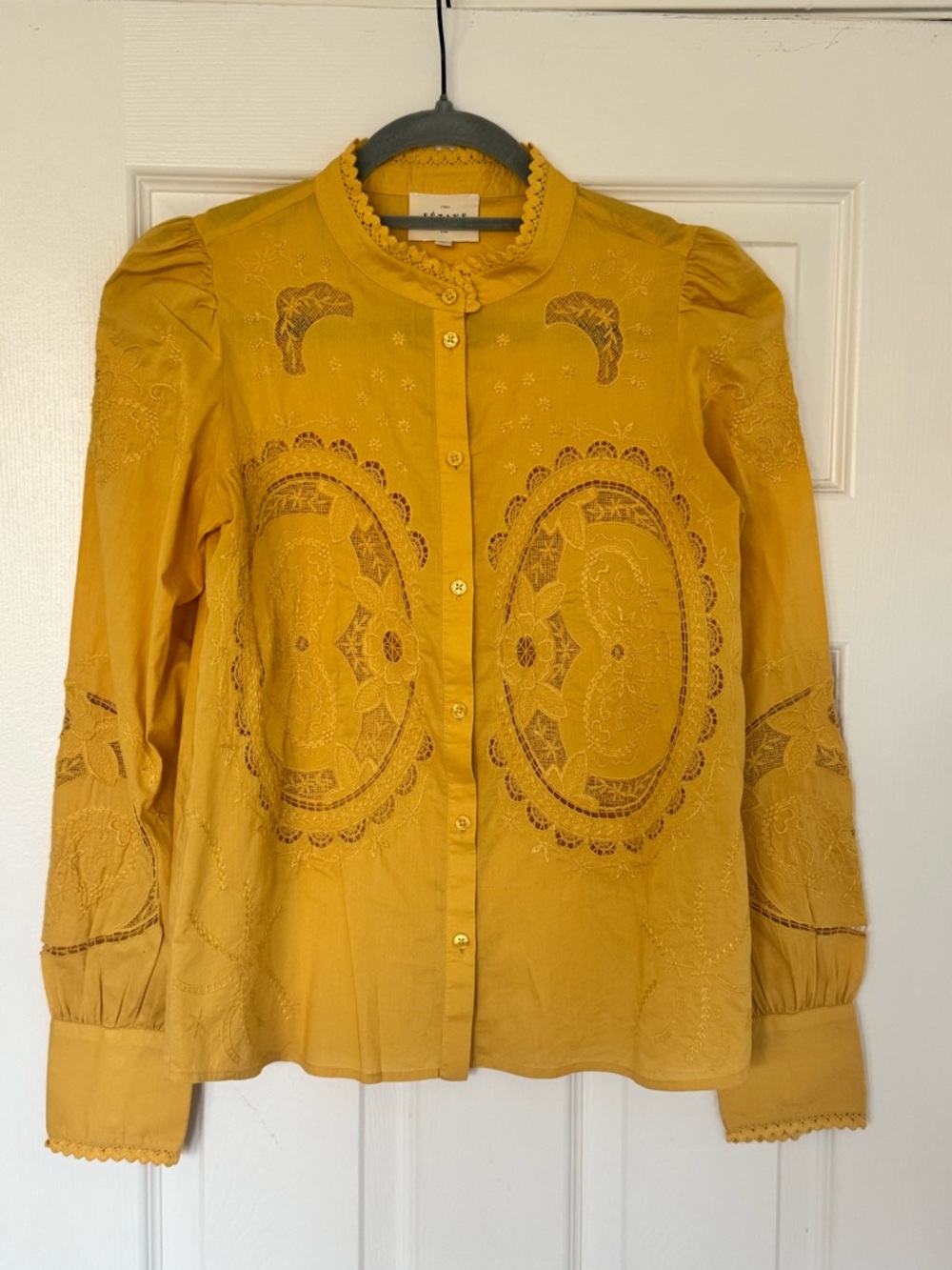 Embroidered Mustard Button-Front Blouse